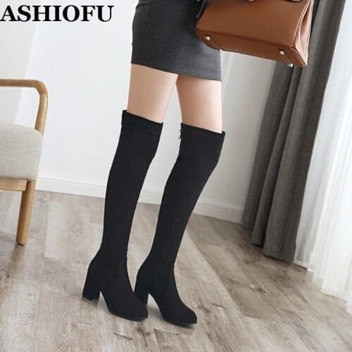 ASHIOFU Factory Sale Handmade Womens Chunky Heels Boots Crystals Party Slim Japanese Style Knee-high Boots Winter fashion Boots