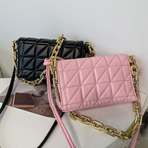 Retro Women Shoulder Bags Geometric Embroidery Pattern Rectangle PU Leather Design Ladies Solid Color Thick Chain Small Handbags