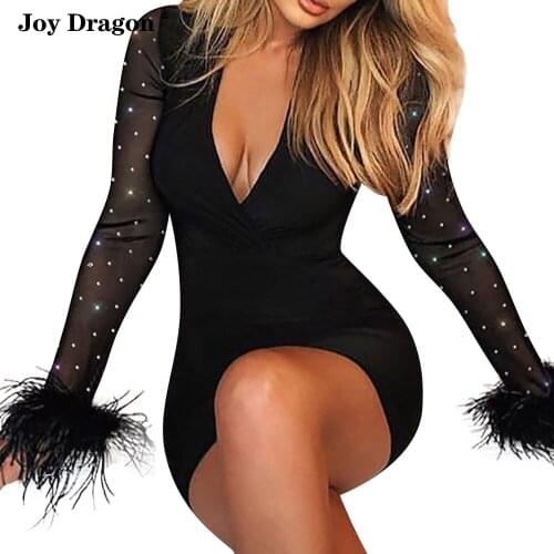 Dresses Woman Party Night Spring Fashion Long Sleeve V Neck Mesh Patchwork Feather Dress Sexy Club De Nuit Robe Libertine