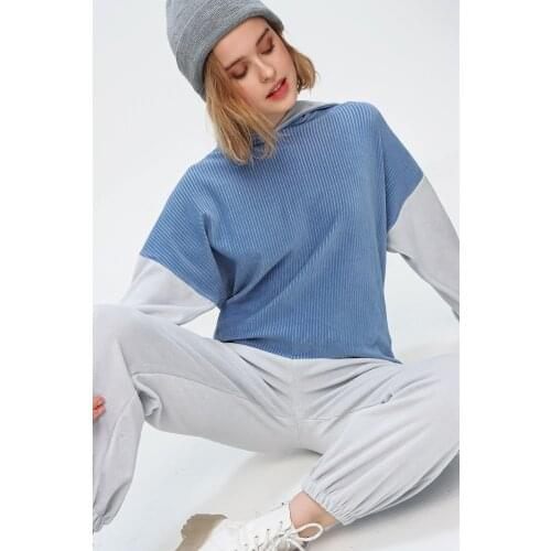 Womens Blue Color Block Velvet Hooded Tracksuit Suit Autumn Winter Fleece Hoodies Vintage Sweatshirt Two Piece Set Thick Warm