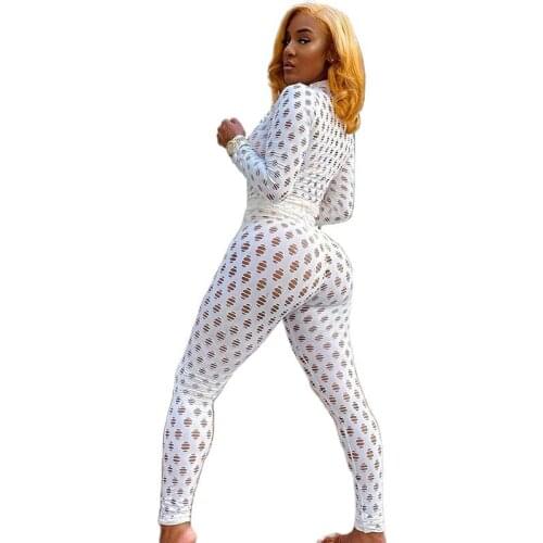 2021 Hollow Out Hole 2 Piece Set Long Sleeve T Shirt Leggings Bodycon See Through Sexy Streetwear 2020 Autumn Winter Club