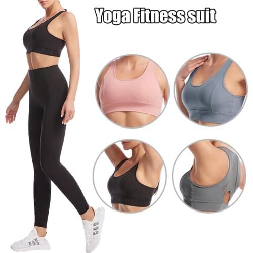 Womens 2-Piece Sports Suit Sleeveless Padded High Top & Waist Seamless Leggings with Side Pockets Quick Dry Gym Set Yoga Pants
