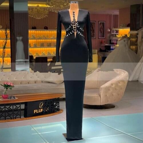 Cheap 2021 Womens Long Sleeves Black Arabic Evening Dresses Beaded Vestido Formatura Long Robes Longues Party Dress