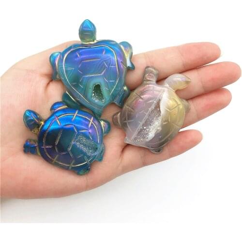 Beautiful 1PC Natural Agate Electroplate Hand Carved Multicolour Tortoise Polished Crystal Turtle Decorative Quartz Crystals