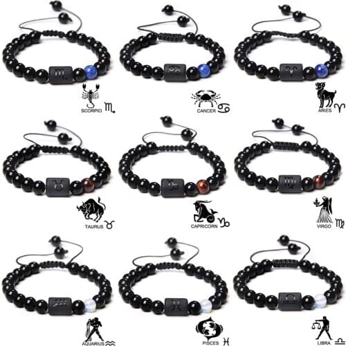 12 Zodiac Signs Constellation Couples Bracelet Natural Stone Beads Braided Bracelet for Women Men Friend Birthday Jewelry Gift
