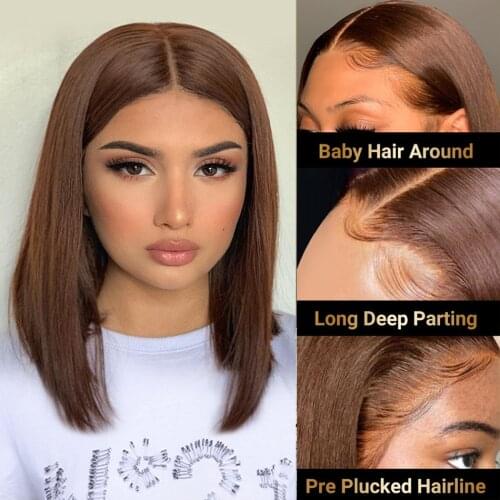 13x1 T Part Lace Front Bob Wigs Brazilian Straight Brown Lace Front Bob Wig Pre Plucked Silver Brown Remy Transparent Lace Wigs