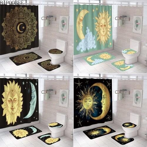 180x180cm Cartoons Shower Curtains Sun Moon Pattern Bath Mats for Bathroom Decoration Pedestal Rugs Toilet Cover Bathtub Curtain