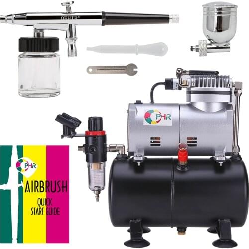 OPHIR 110V 220V Tank Air Compressor with Dual Action Airbrush Gun Paint Kit for Model Hobby Cake Decorating Nail Art_AC090+AC005