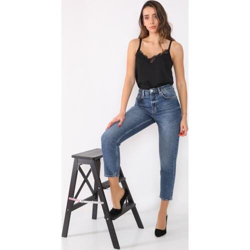 Dark Blue High Waist Mom Fit Jeans Pant for Women Streetwear Loose Female Ladies Five Pockets Jeans