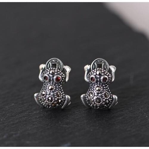 FNJ MARCASITE Toad Earrings 925 Silver Original Pure S925 Sterling Silver Stud Earring Women Jewelry