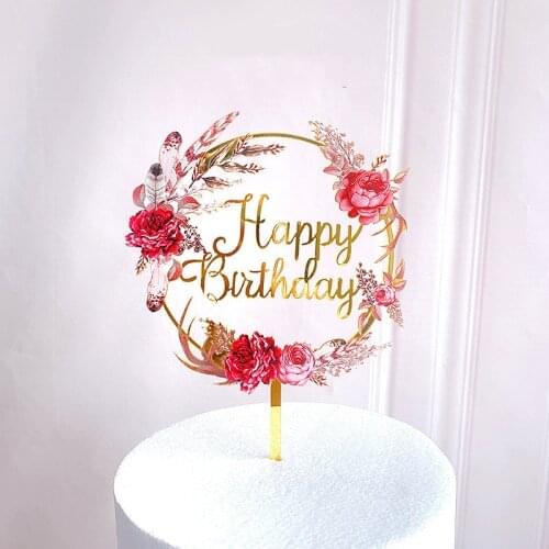 Ins 3D Plant Happy Birthday Cake Topper Pink Gold Flowers Acrylic Birthday Party Cupcake Toppers boy or Girl Dessert Decoration