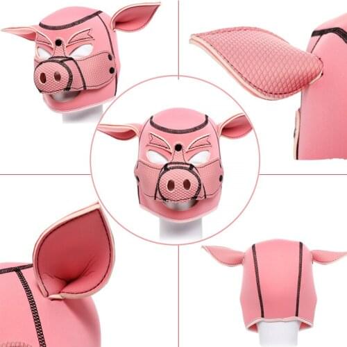 New Pink Pig Hood Mask Slave Full Head Bondage With Ears Neoprene Headgear SM Roleplay Erotic Mask flirting Sex Toy For Couple