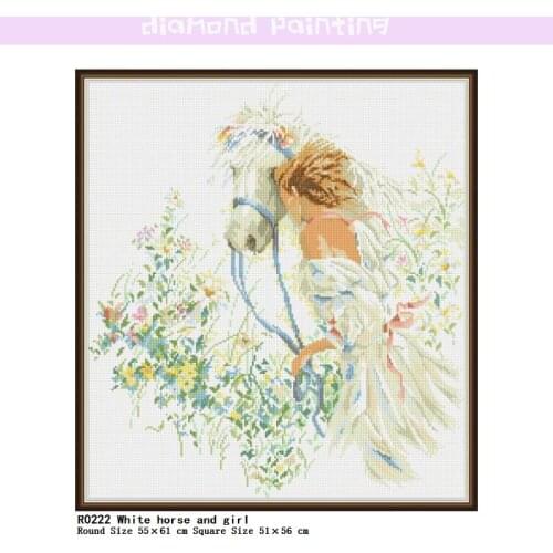 White Horse and Girl 5D Square & Round Diamond Complete Mosaic Painting Diamond Cross Stitch Kits Diamonds Embroidery Home Decor