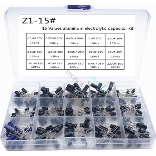 200pcs/lot Radial capacitors set 15Values 10V 16V 25V 50V 0.1uF-220uF Electrolytic Capacitor Assortment Kit 0.22uf 2.2uf 100uf