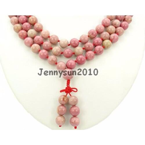 Natural Rhodochrosite 10mm Gems Stone Buddhist 108 Beads Prayer Mala Knot Necklace Multi-Purpose 5Strands/Pack