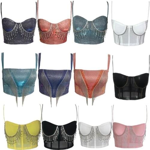 2021 New Women Camisole Top Diamond Crystal Tassels Solid Color Sexy Cropped Top Push Up Bustier Bra Night Club Party Tank Top