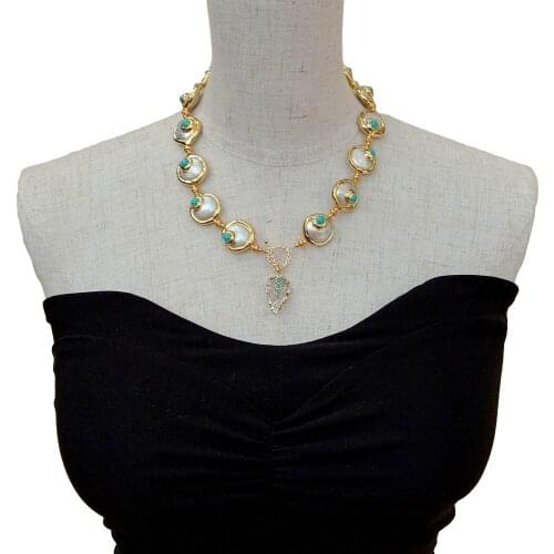 YYGEM White Quartz Arrowhead Charm Freshwater Cultured White Coin Pearl Blue Crystal Choker Necklace