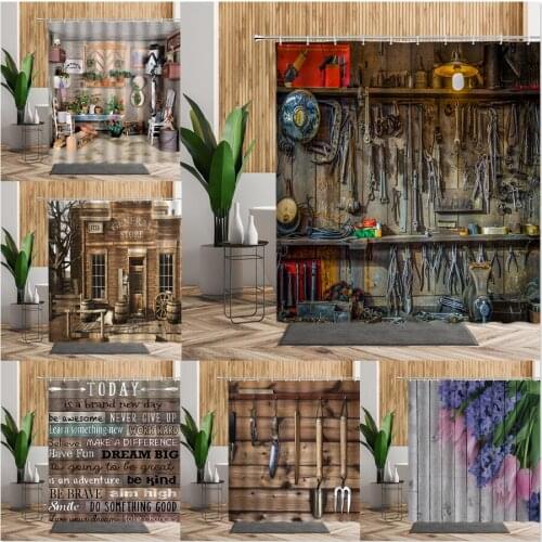 Retro Wooden Wall Tools Shower Curtain For Bathroom Decor Creative European Style Photo Living Room Hanging Curtains Bath Screen