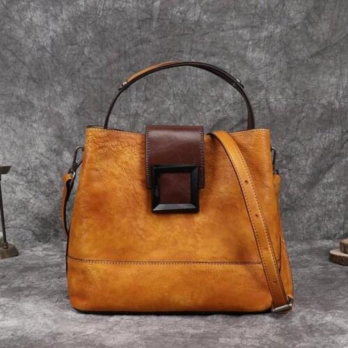 Chinese Style Bucket Bag 2021 Spring New Retro Genuine Leather Handbag Handmade Solid Color Cowhide Shoulder Crossbody Bags