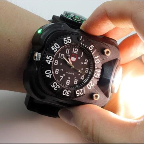 3in1 Super Bright Led Watch Flashlight Torch lights Compass Outdoor Sports Mens Fashion Waterproof Rechargeable Wrist Watch Lamp