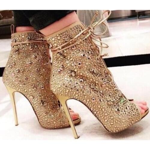 Spring Hot Luxury Rhinestone Cover Women Lace Up Boots Sexy Peep Toe Ladies High Heel Ankle Boots Cut-outs Crystal Ankle Booties