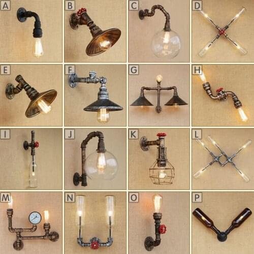 Water Pipe Wall Lamp American Iron Retro Glass Wine Bottle Wall Light Vintage Bar Cafe Indoor Loft Led Edison Lampshade Indoor
