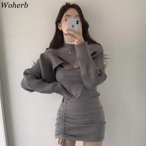 Woherb Sexy Two Peices Set Women Knitted Cape + Sleeveless Pleated Mini Dress 2021 New Style All Match Vestidos Suit Femme