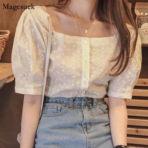 New Square Collar Embroidery Lace Shirt Tops Summer Hollow Casual Blouses Women Short sleeve Linen Cotton Women Blouses 10107