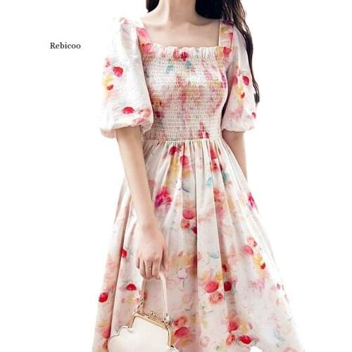 Women Summer Dresses Vintage Elegant Pastoral Style Floral Midi Dress Lolita Sweet High Waist Silk Hemp Dress Pink Long Dress