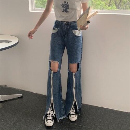 2021 Double Zipper Knee Ripped Hole Jeans Women Summer Large Size 4XL High Waist Straight Loose Burrs Split Wide Leg Denim Pants