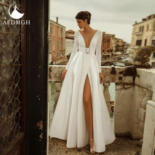 Aedmgh A-Line Split Wedding Dresses 2021 V-Neck Long Sleeve Matte Satin Vestido De Novia Fashion Sashes Backless Robe De Mariee