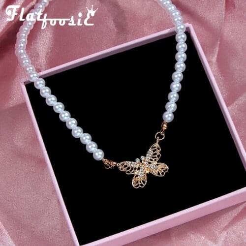 Flatfoosie New Fashion Imitation Pearl Choker Necklace For Women Gold Color Butterfly Rhinestone Pendant Necklace Party Jewelry