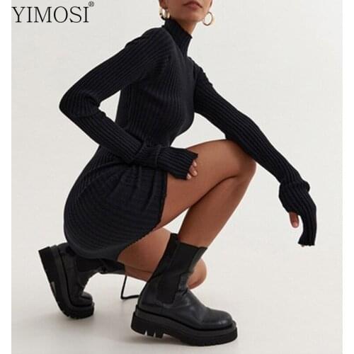 2021 Autumn Winter Long Sleeve Ribbed Ruched Bandage Sexy Mini Dress Ladies Turtleneck Knitted Party Dress