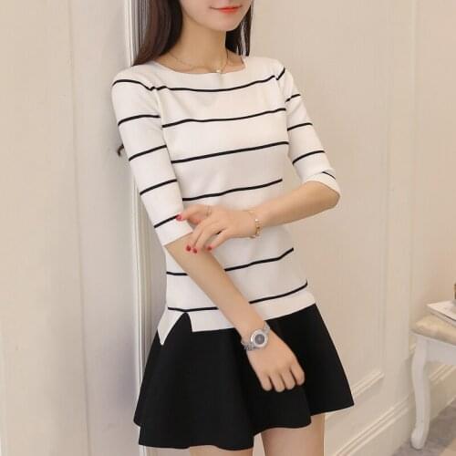 Autumn dress womens shoulder new Korean version 100-lapel jacket Short Sleeve Striped knitted bottom shirt in summer