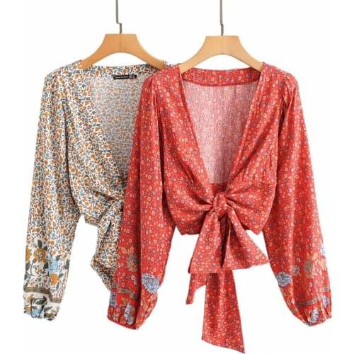 Women V Neck Boho Vintage Floral Print Sashes Short Kimono Batwing Sleeves Ladies Tops