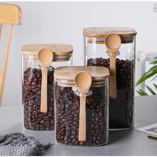 1PC Storage Jar Airtight Glass Candy Cookies Tea Coffee Beans Organizer Bottle Wood Lid Container Spices Food Cereal Snack Jars
