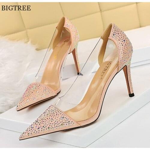 Autumn Sweet Crystal Buckle Pointed Toe Women Pumps Concise Solid Silk Shallow Female 10.5cm Super High Heels Shoes Wedding Shoe