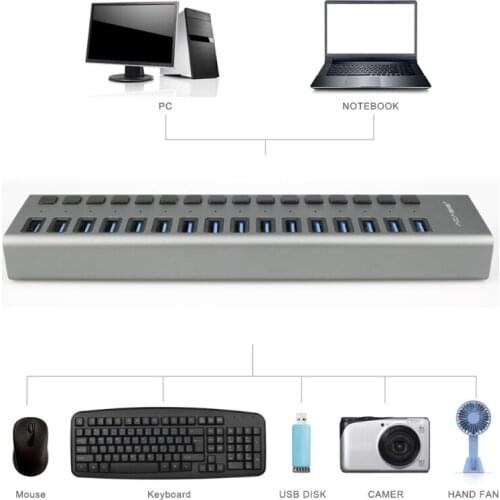 H7JA Acasis USB 3.0 Hub16 Ports Power Adapter with Individual LED Indicate Light Switch Slim Portable for PC/Laptop