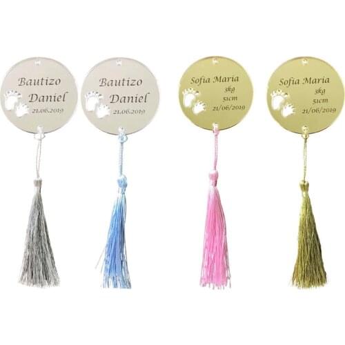 30pc Custom Name Acrylic Mirror Personalized Round Circle tags Invitation Card BabyShower Guest Gifts Baptism Hangs with Tassels