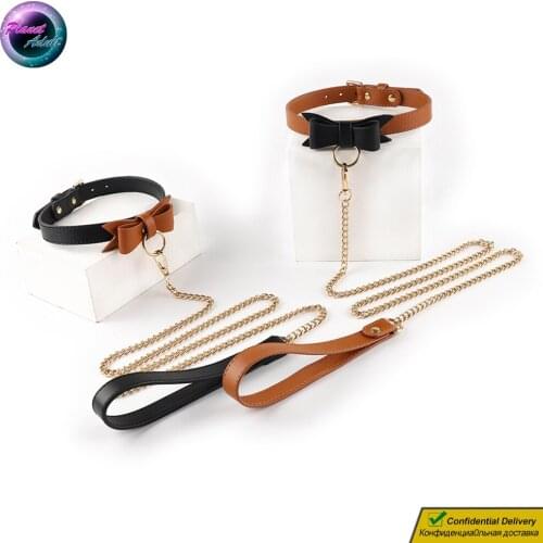 RUNYU Genuine Leather Leash Chain Bowtie Collar Adult BDSM Sex Toy for Women Lesbian Gay Men Couples Cosplay Bondage Sexual Game