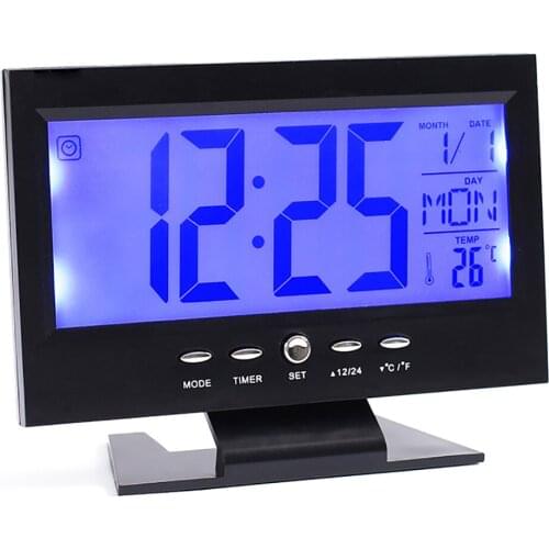 Alarm clock Thermometer student bedside alarm clock voice control sleepy back light creative electronic clock (black)