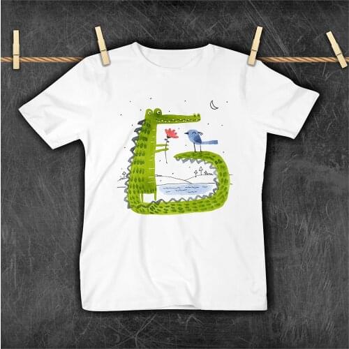 Cute Crocodile and Bird Aesthetic Childlike Innocence Children T-shirt Pretty Cartoon Style Baby Boys Clothes Kids Tops Футболка