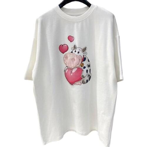 Summer High Quality Light Luxury Women T Shirt Beaded Sequins Diamond Pink Peach Heart Dairy Cow Cotton White Tees Tops Female