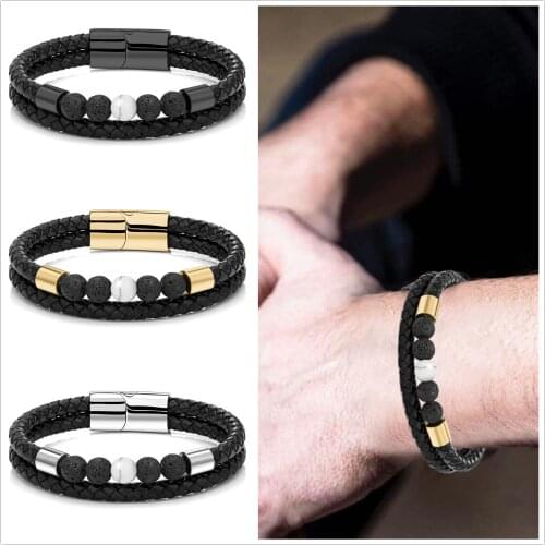 Titanium Steel Man Chakra Jewelry Wholesale Stainless Steel Mens Black Leather Volcanic Beaded Braclets Stone Leather Bracelets