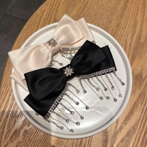 Korean Rhinestone Chain Tassel Bow Hairpins Snap Hair Clips for Girls Bows Hairgrips Luxury Barrette Jewelry Hair Accessories