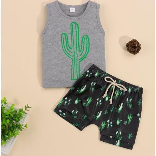 Summer Casual Kids Baby Suit Set Fashion Cactus Print O-Neck Sleeveless T-Shirt+High Waist Shorts for Toddler Boys 0-3 Years