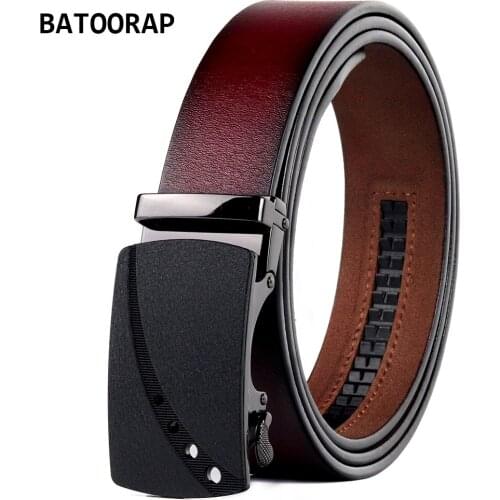 BATOORAP Mens Belts Metal Buckle Automatic Matte Durable Wine Red Cowhide Leather Belt Vintage Trouser Strap For Jeans BAFGZ013