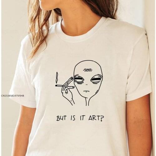 100% COTTON Novelty Alien Shirt Tired Alien But Is It Art Tshirt With Funny Saying Aesthetic E Girl Popular Top Tees
