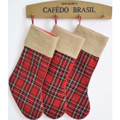 Set of 3 pcs Burlap jutte Christmas Stocking plaid Christmas Stockings Christmas tree decoration socks