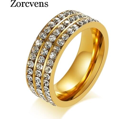 ZORCVENS New Fashion Wedding Rings For Women Gold-Color Stainless Steel 3 Row Crystal Cubic Zirconia Ring Jewelry Wholesale